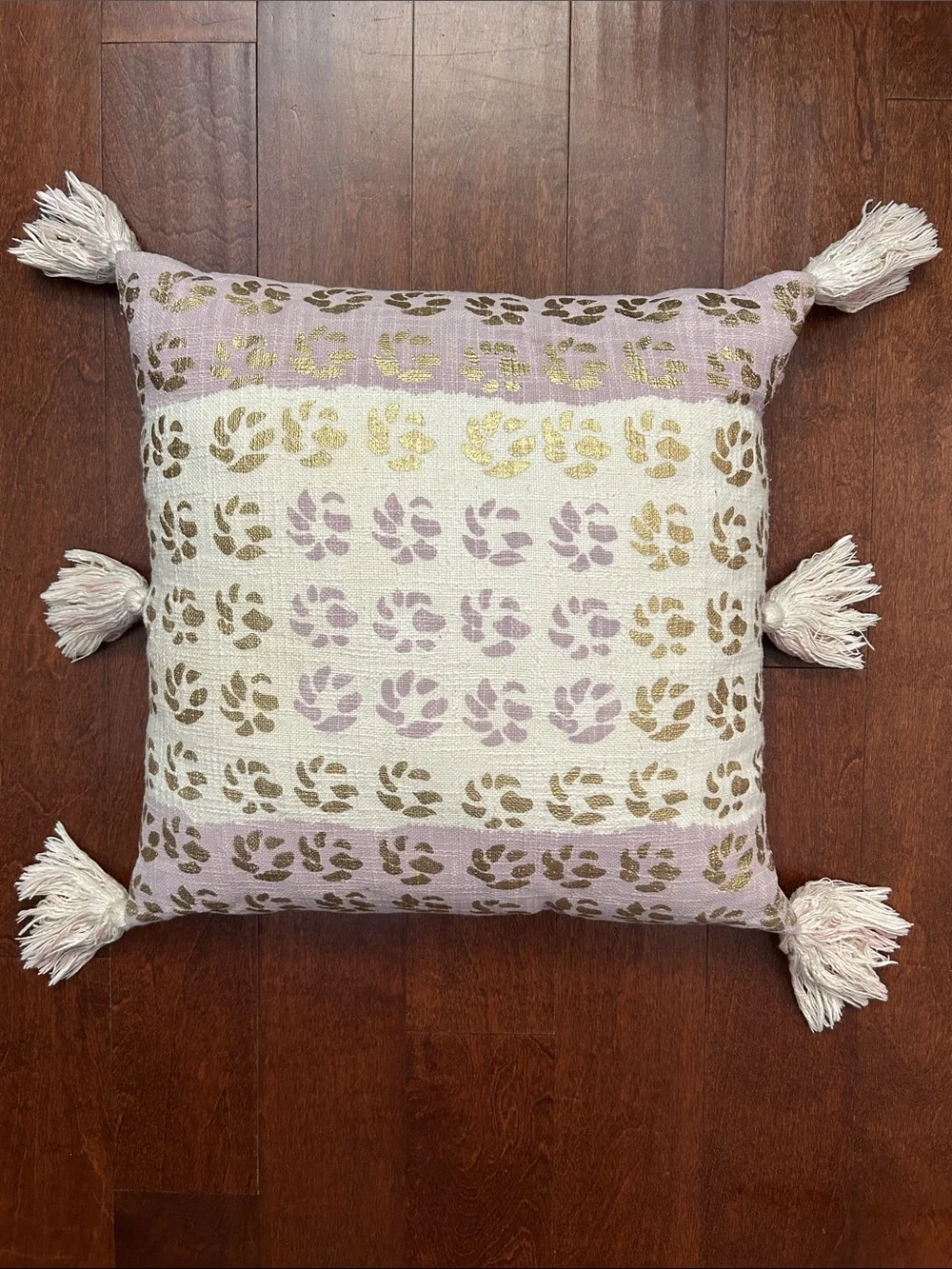 Anthropologie Large Boho Metallic Gold and Lavender Tasseled Pillow, 20”x20”